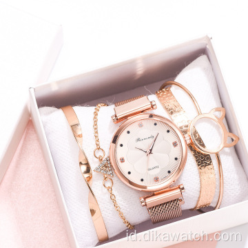 5 Pcs Fashion Wanita Jam Tangan Hadiah Set Fine Rose Gold Gelang Jam Kuarsa Set untuk Anak Perempuan Kasual Stainless Steel Mesh Jam Tangan